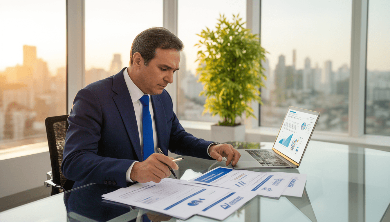 Empresário analisando documentos de plano de saúde em mesa de vidro com laptop, ambiente corporativo moderno com iluminação natural