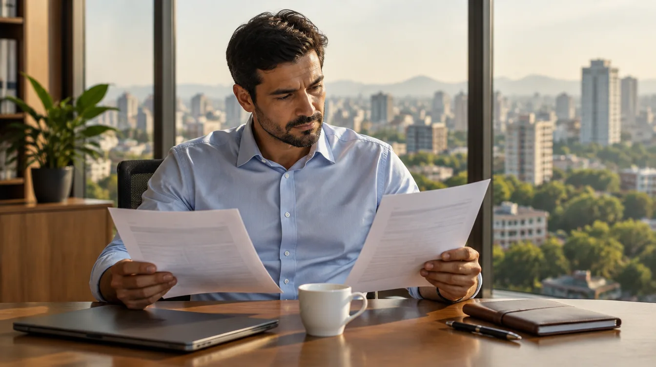 Empresário em escritório analisando comparação entre planos de saúde individual e empresarial sobre mesa de trabalho