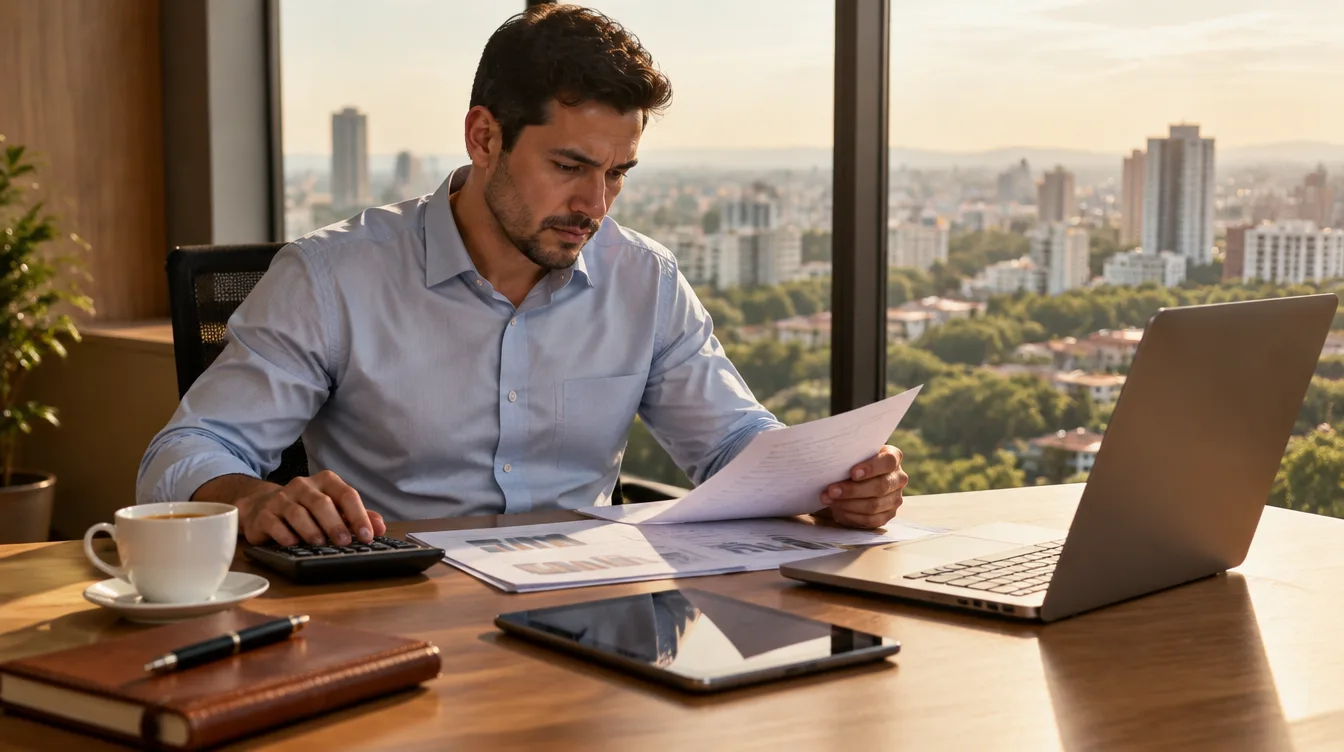 Empresário analisando documentos de plano de saúde em mesa de escritório com laptop e tablet, luz natural, ambiente profissional