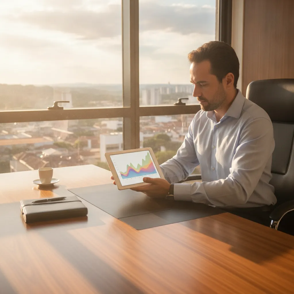 Empresário analisando documentos de reajuste de plano de saúde com gráficos em mesa de escritório