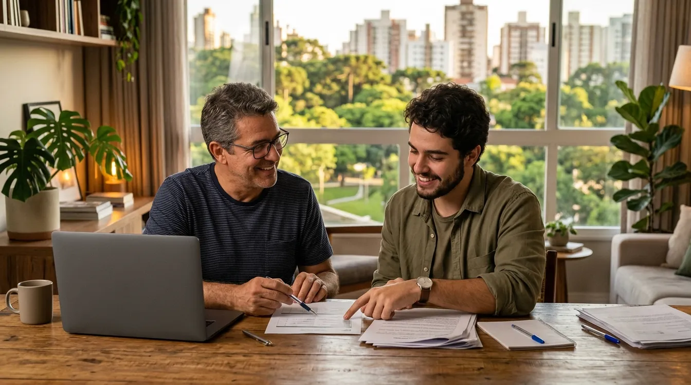 Pai e mãe profissionais conversando com o filho jovem adulto em um escritório moderno sobre o plano de saúde da família