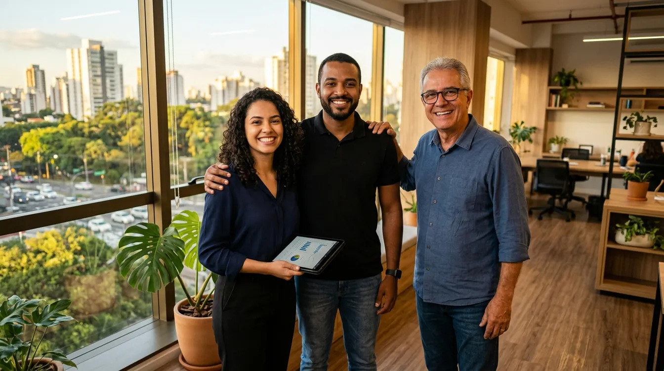 Equipe de profissionais brasileiros reunida em escritório moderno avaliando um plano de saúde empresarial